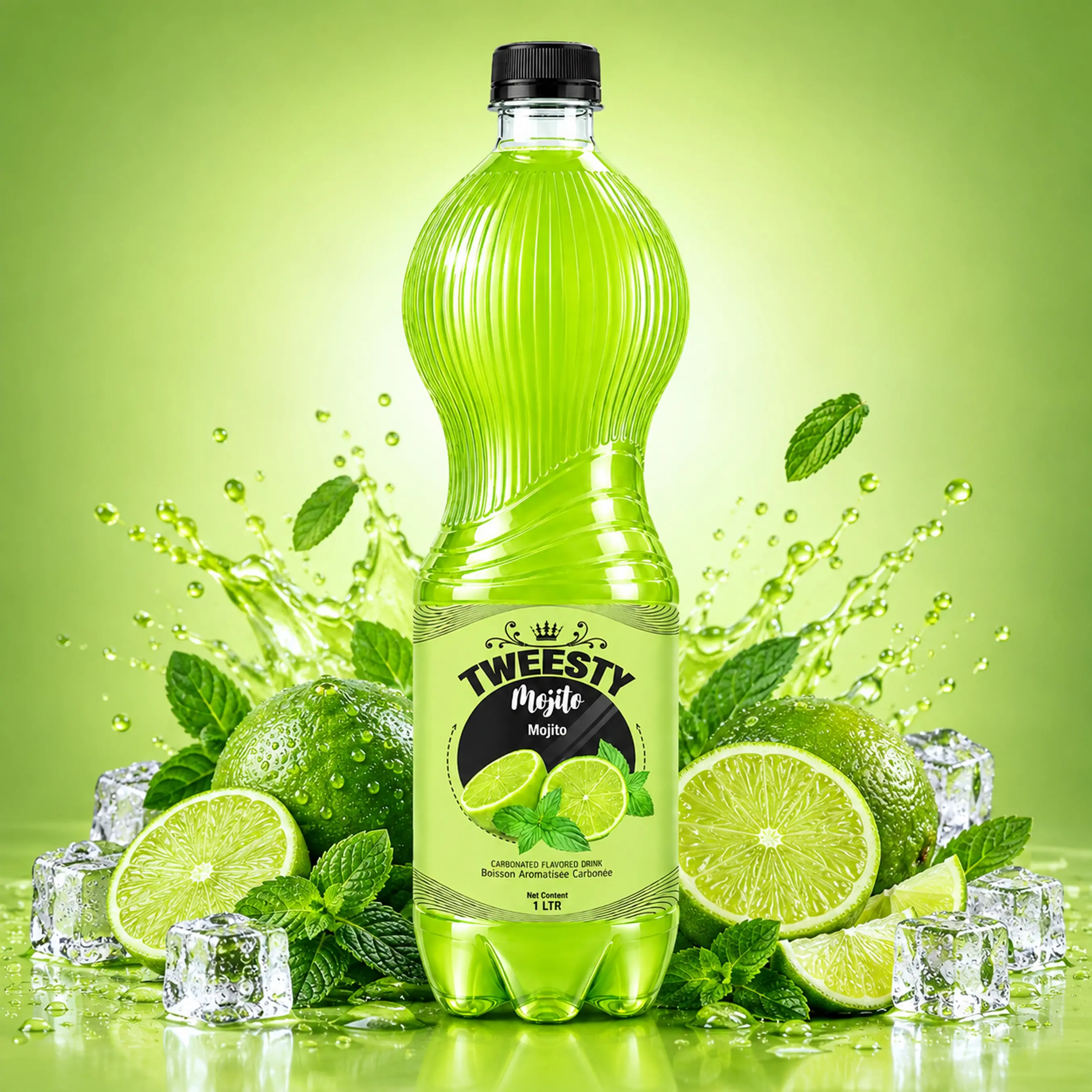 TWEESTY Mojito 1L PET bottle with lime, mint and ice.